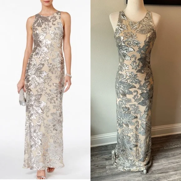 NWT Badgley Mischka Silver and Cream Formal Dress - Picture 1 of 16